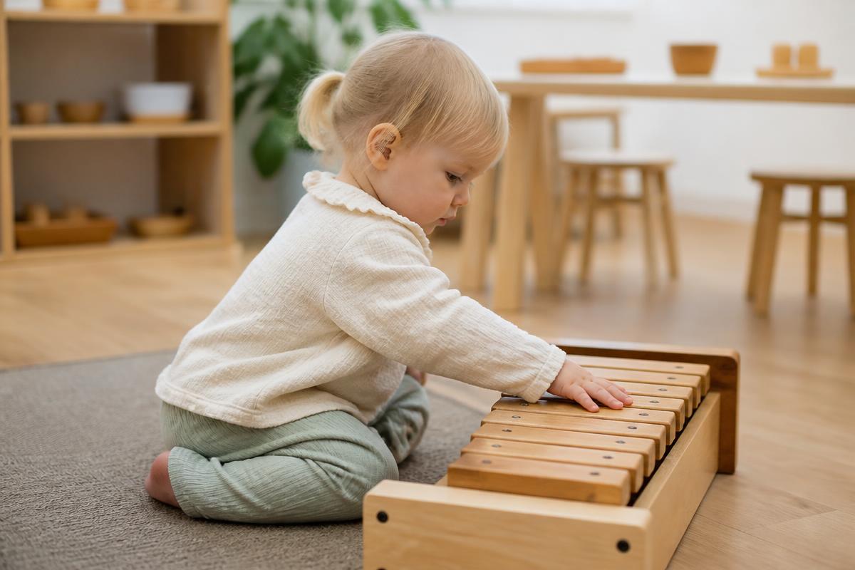 Niña pequeña tocando un xilófono de madera