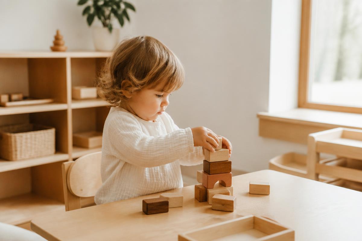 Niño pequeño concentrado apilando bloques de madera