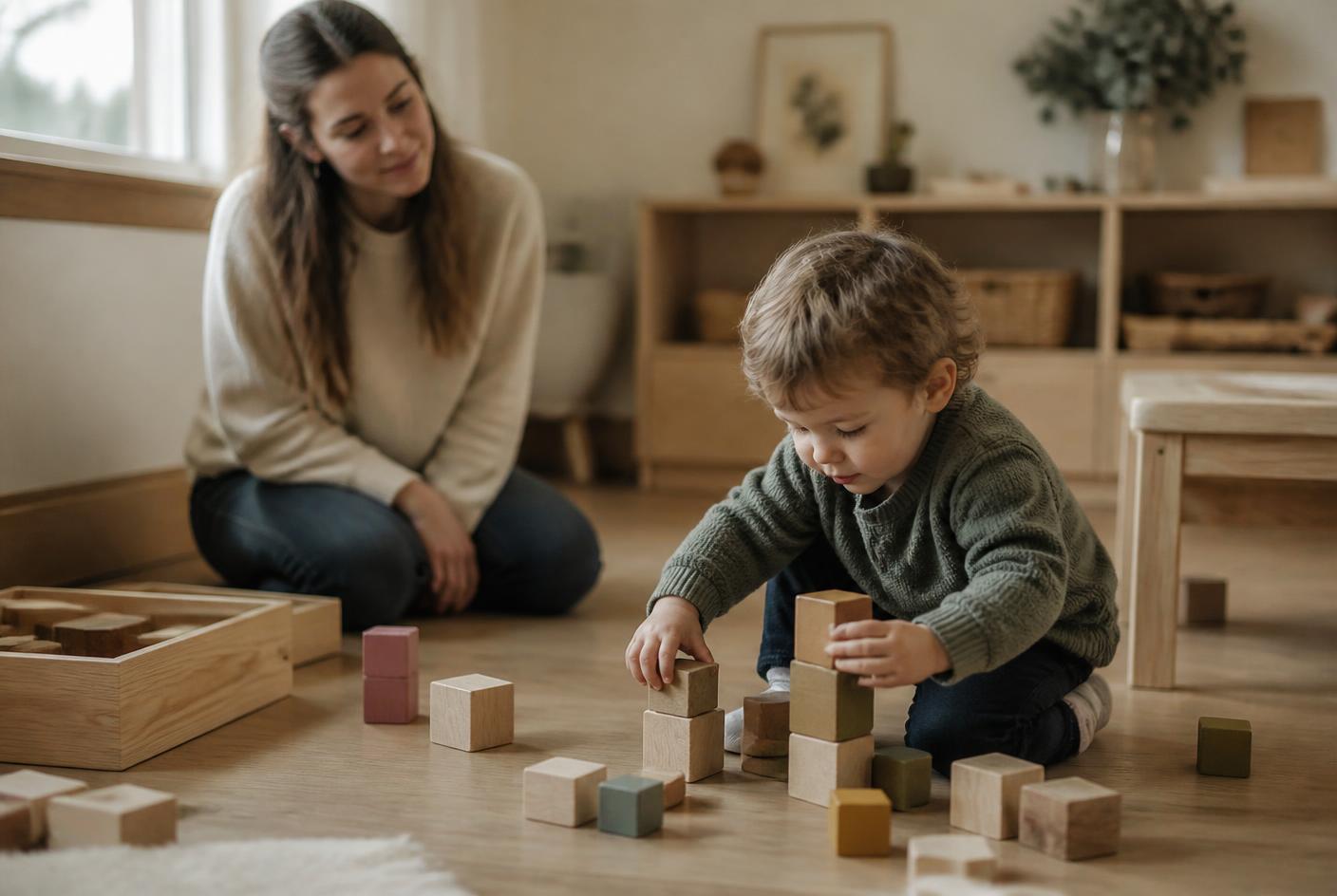 Educadora observando en silencio a un niño que juega con bloques de madera